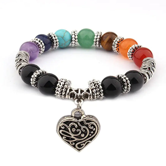 7 Chakra Bead Healing Bracelet with Heart Charm