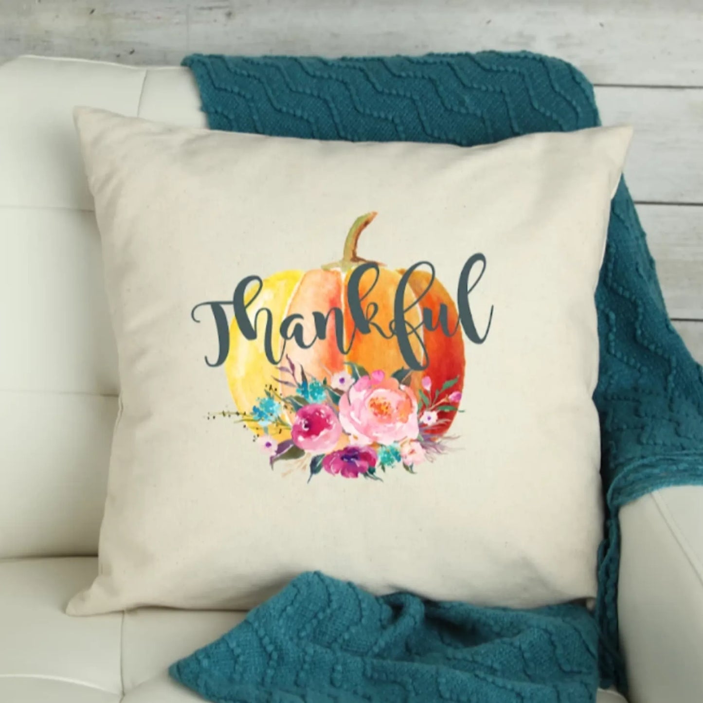 Thankful Floral Pumpkin Pillow