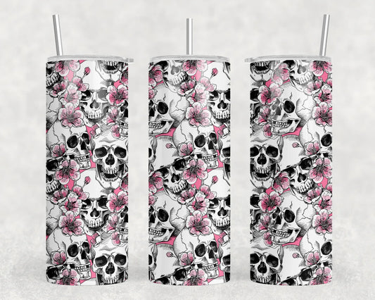 Skulls and Flowers - 20 oz Steel Skinny Tumbler (With Or Without Bluetooth Speaker)