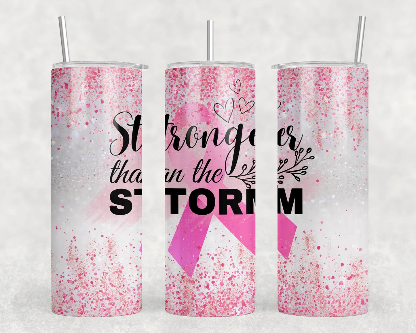 Más fuerte que la tormenta, vaso estrecho de acero de 20 oz con lazo rosa (con o sin altavoz Bluetooth)