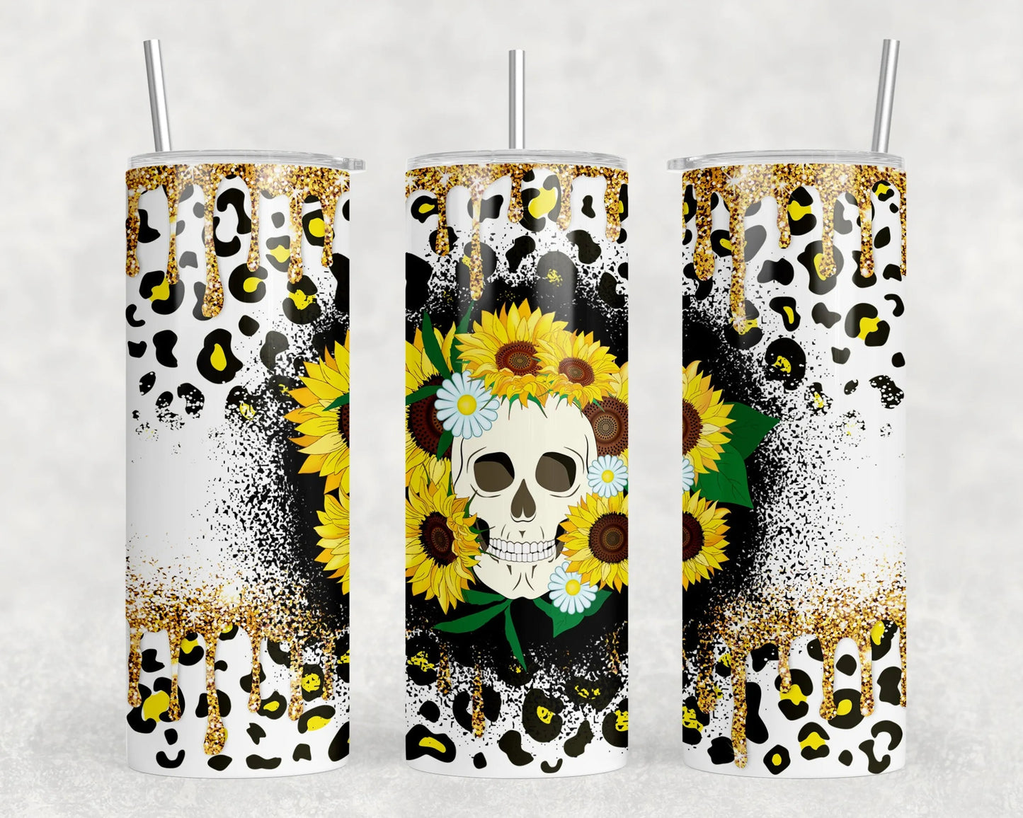 Sunflower Skull - 20 oz Steel Skinny Tumbler (With Or Without Bluetooth Speaker)