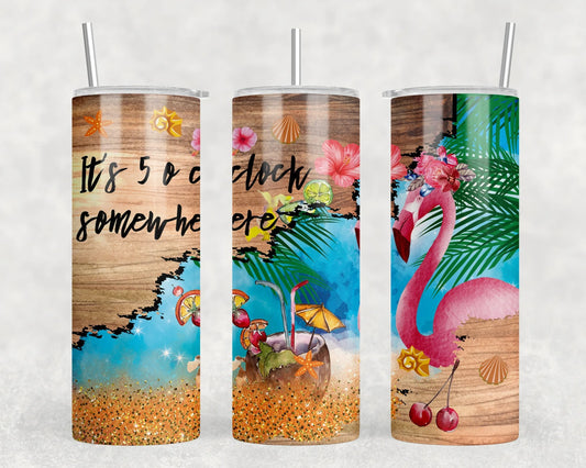 Flamingo Five O'Clock Somewhere - Skinny Tumbler (With Or Without Bluetooth Speaker)