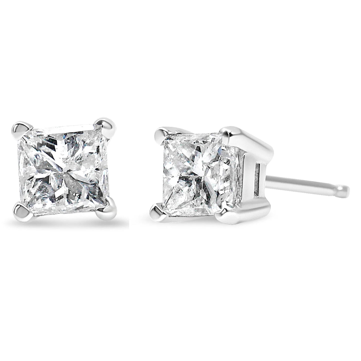 AGS Certified 14k White Gold 1.0 Cttw 4-Prong Set Princess-Cut Solitaire Diamond Push Back Stud Earrings