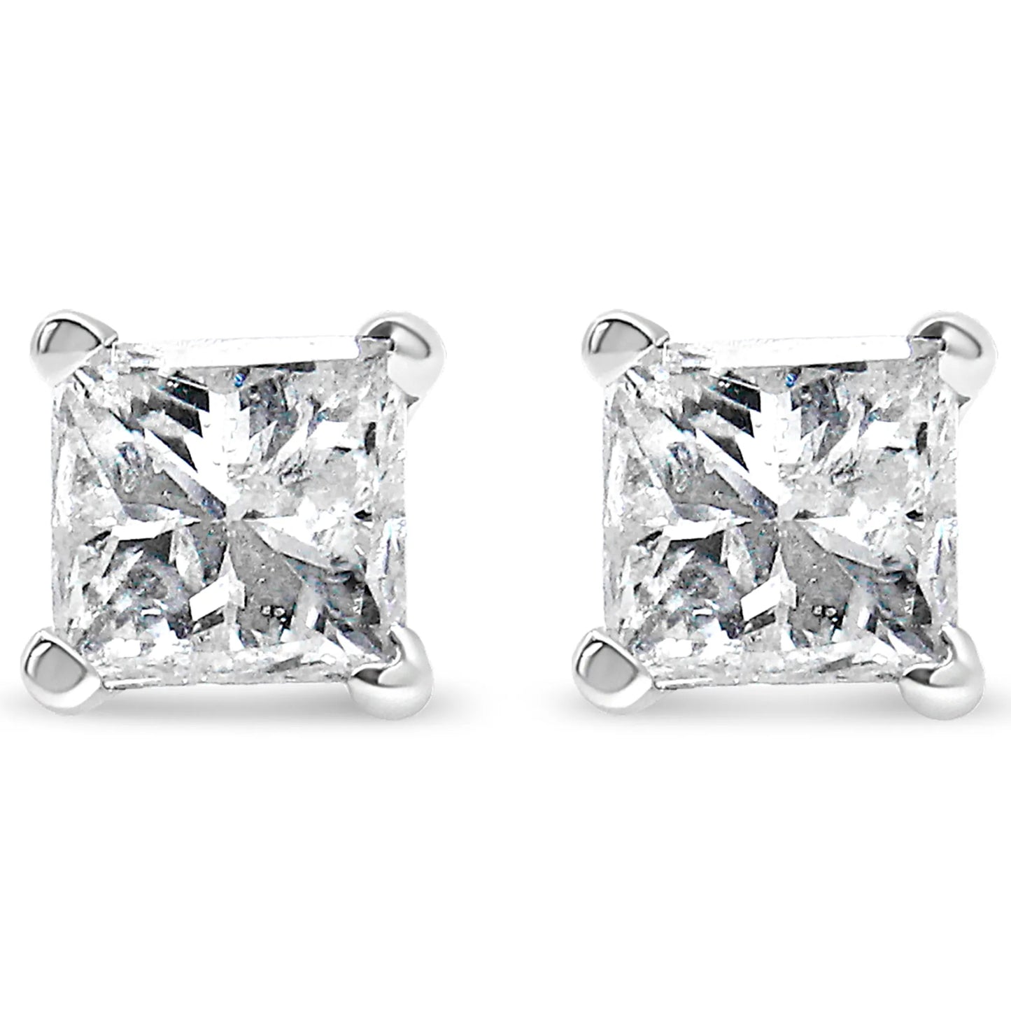 AGS Certified 14k White Gold 1.0 Cttw 4-Prong Set Princess-Cut Solitaire Diamond Push Back Stud Earrings