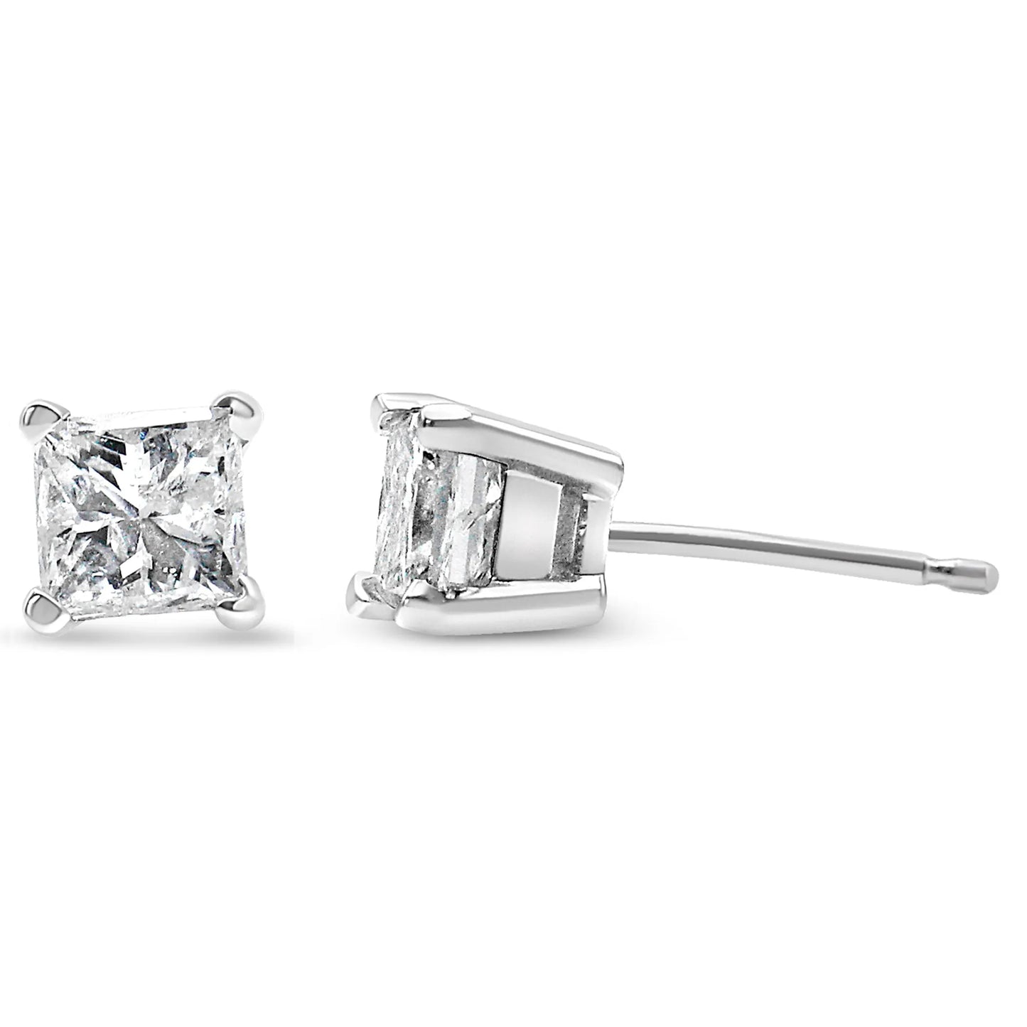 AGS Certified 14k White Gold 1.0 Cttw 4-Prong Set Princess-Cut Solitaire Diamond Push Back Stud Earrings