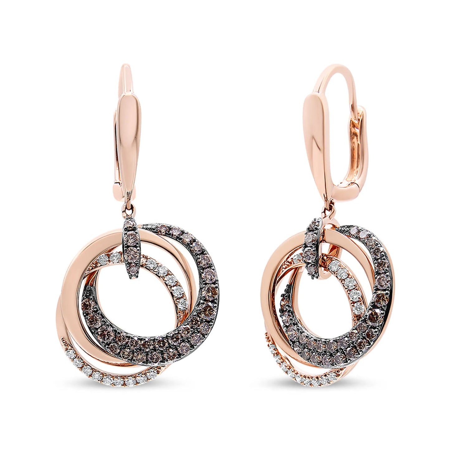 14K Rose Gold 1.00 Cttw White and Brown Diamond Intertwining Hoops and Circle Dangle Earrings