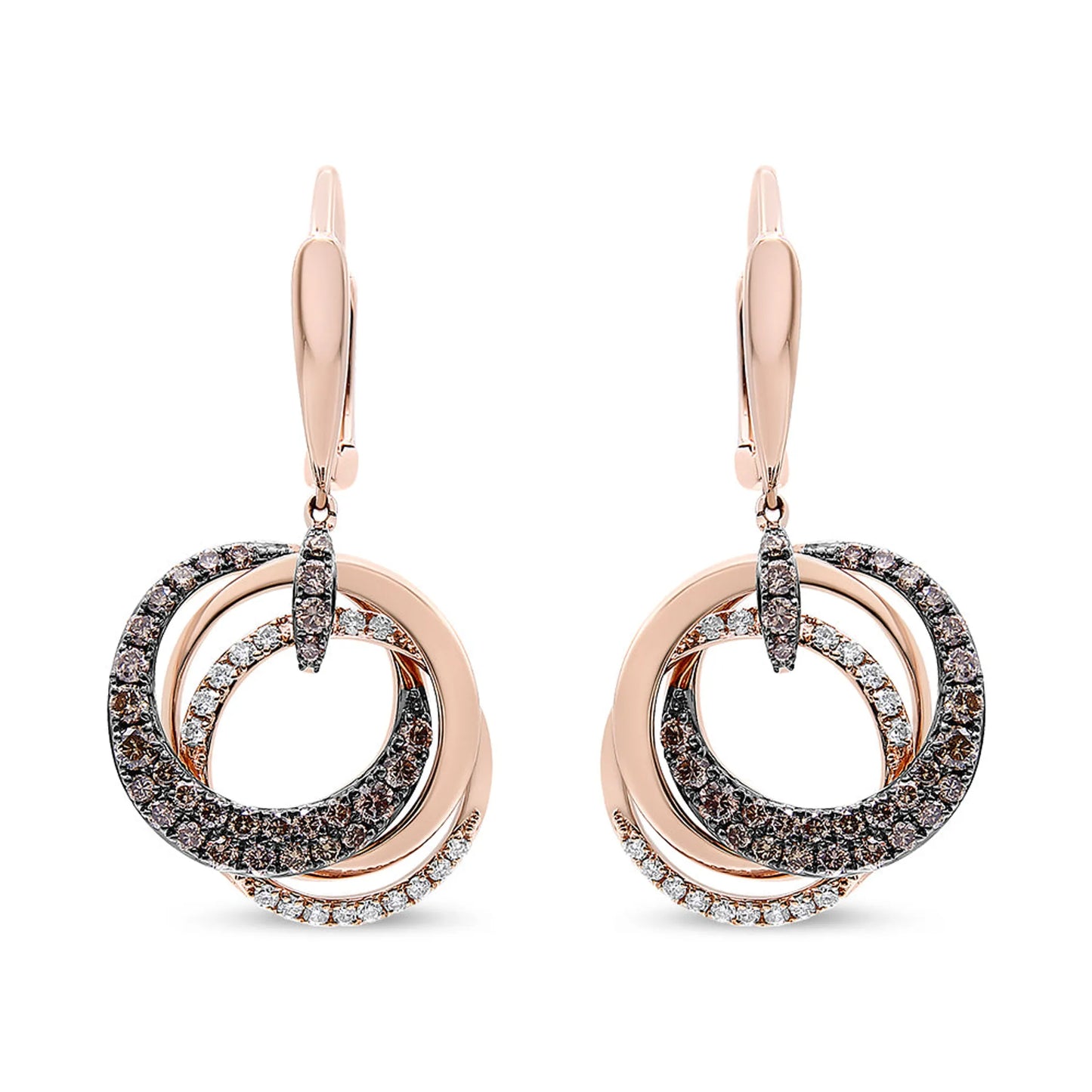 14K Rose Gold 1.00 Cttw White and Brown Diamond Intertwining Hoops and Circle Dangle Earrings