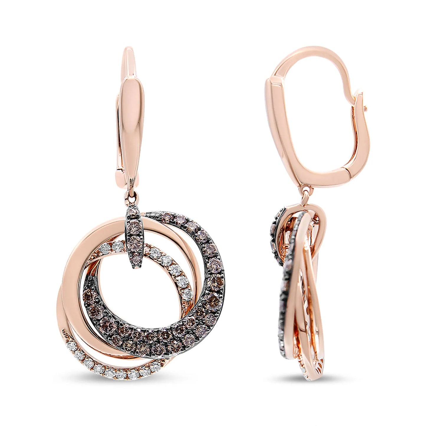 14K Rose Gold 1.00 Cttw White and Brown Diamond Intertwining Hoops and Circle Dangle Earrings