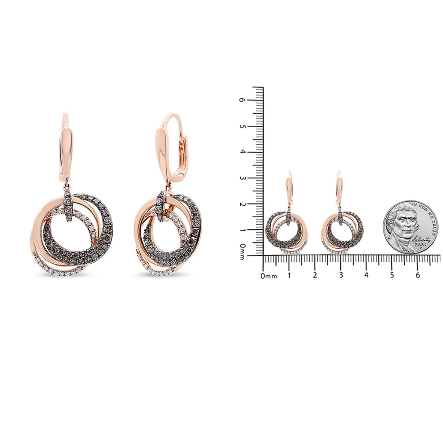 14K Rose Gold 1.00 Cttw White and Brown Diamond Intertwining Hoops and Circle Dangle Earrings