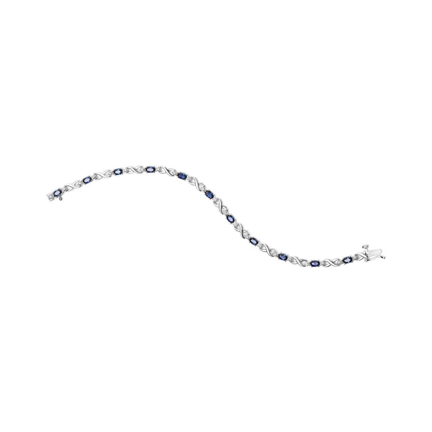 10K White Gold 5x4mm Oval Sapphire Gemstone and 1/10 Cttw Diamond Prong Set "X" Link Bracelet