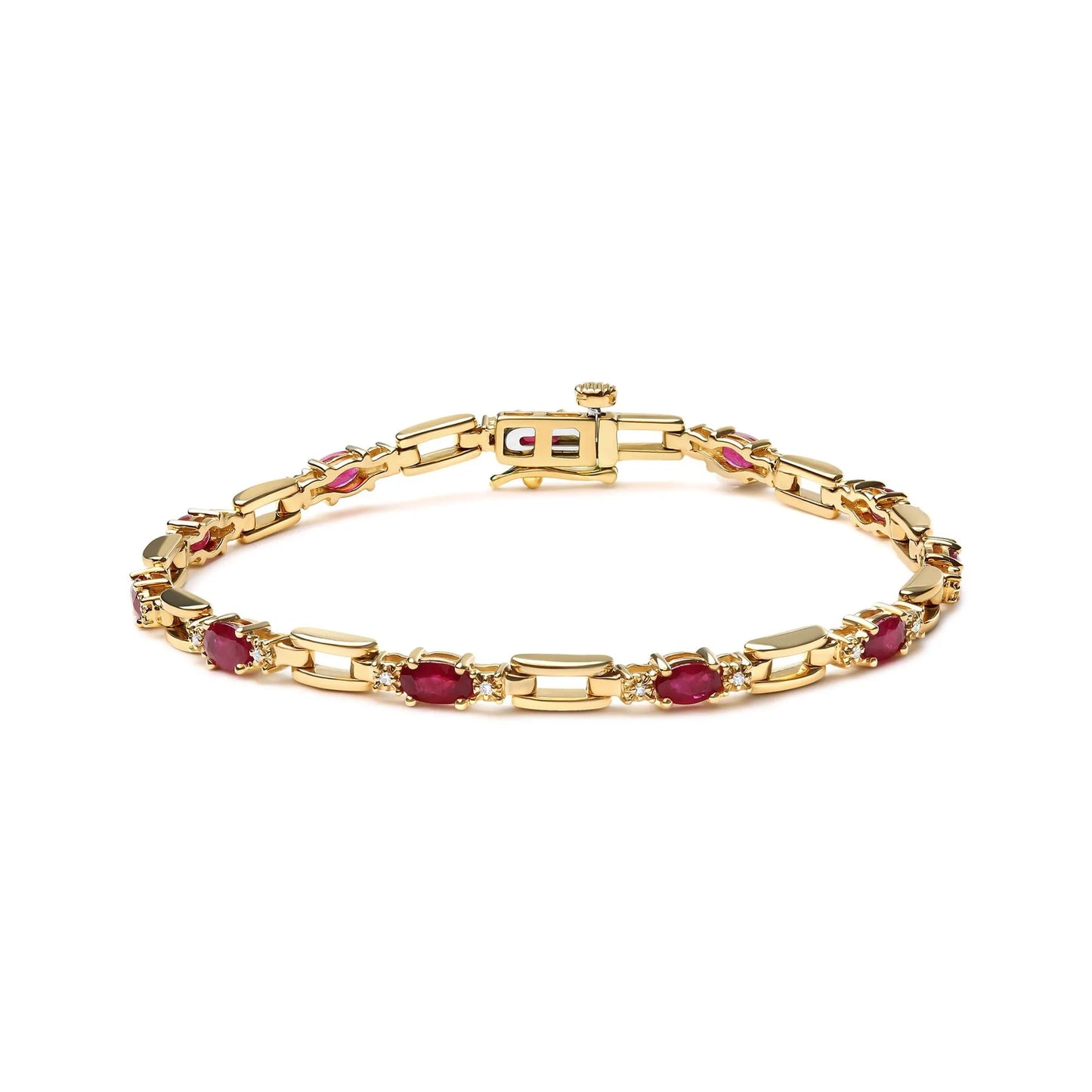 10K Yellow Gold Oval Ruby and 1/10 Cttw Diamond Bar Prong Set Bracelet