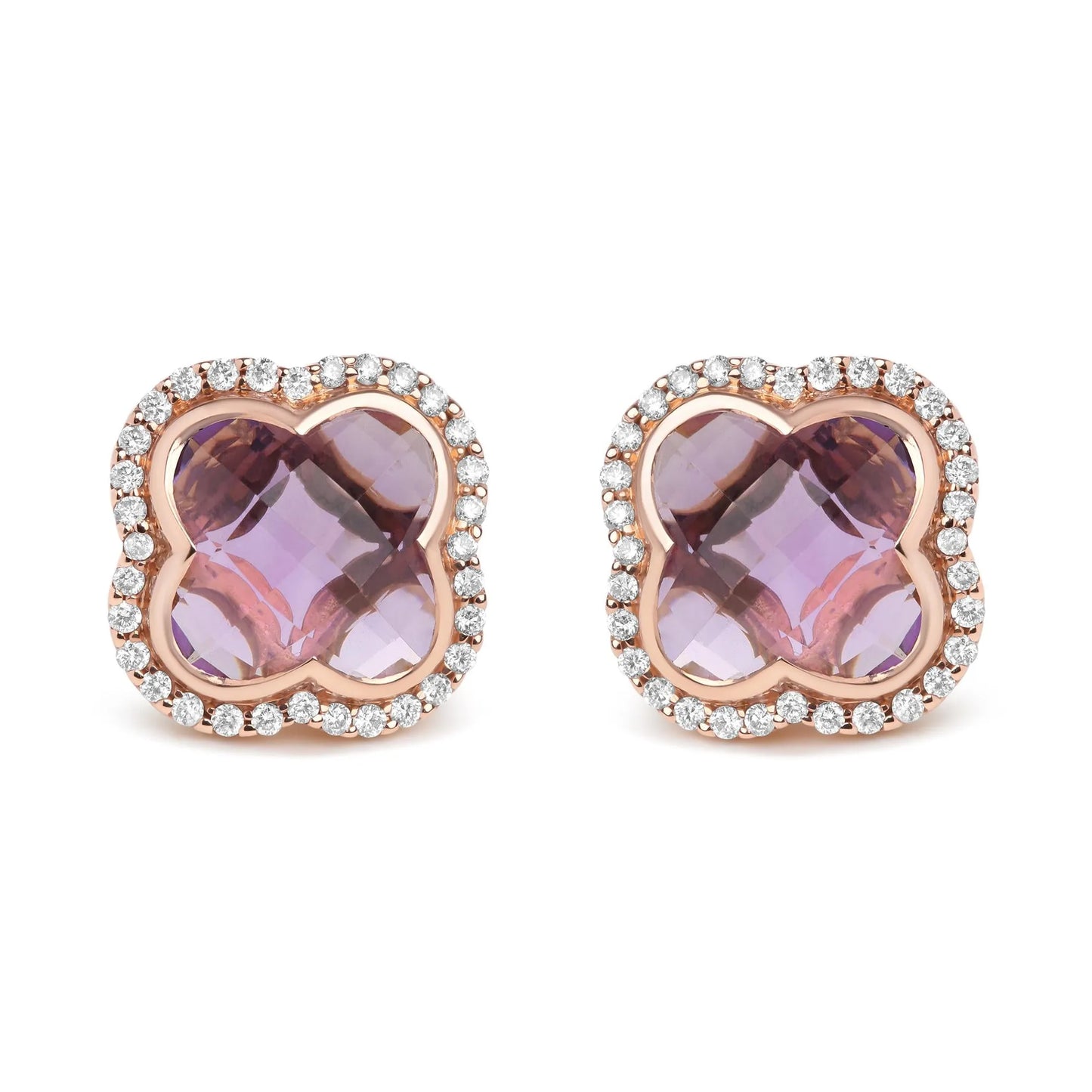 18K Rose Gold 3/8 Cttw Diamond Clover-Cut Purple Amethyst Gemstone Clover Halo Stud Earrings