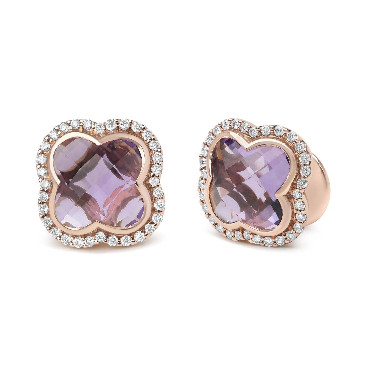 18K Rose Gold 3/8 Cttw Diamond Clover-Cut Purple Amethyst Gemstone Clover Halo Stud Earrings