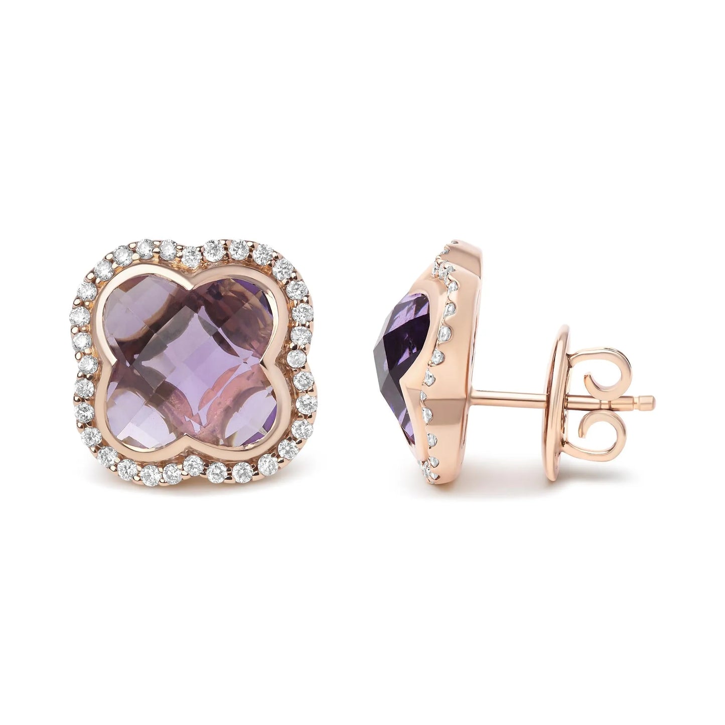 18K Rose Gold 3/8 Cttw Diamond Clover-Cut Purple Amethyst Gemstone Clover Halo Stud Earrings