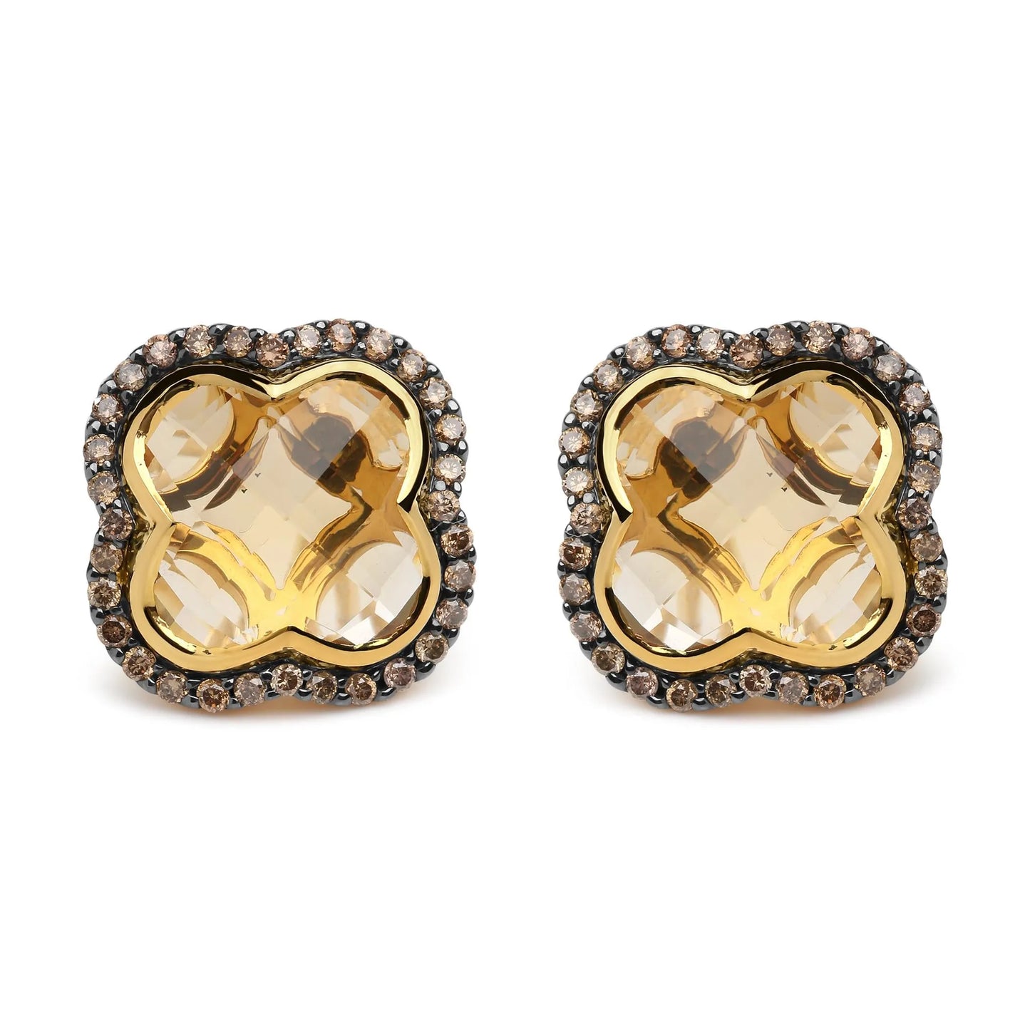 18K Yellow Gold 1/2 Cttw  Brown Diamond Clover-Cut Yellow Citrine Gemstone Clover Halo Stud Earrings