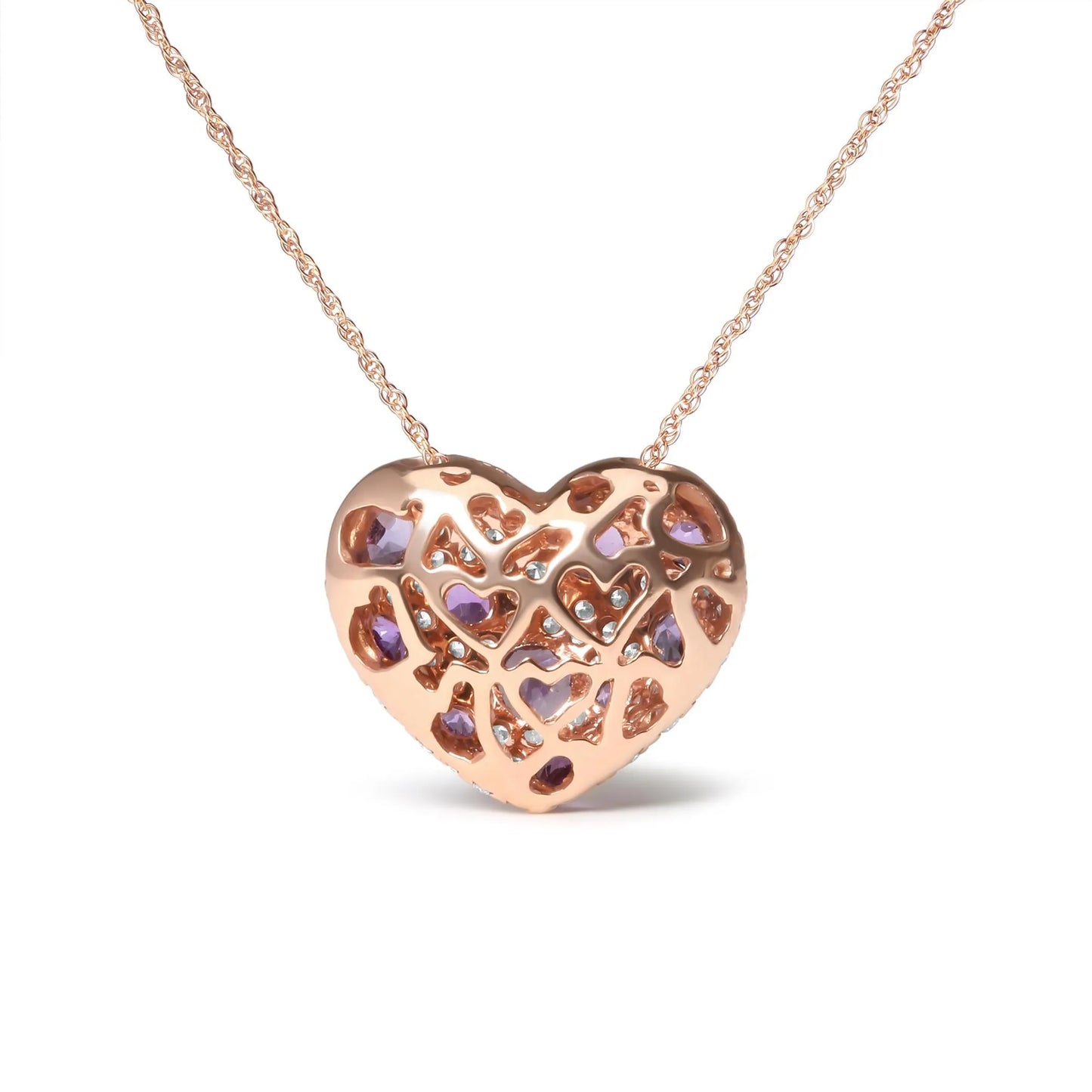 18K Rose Gold 3/4 Cttw Diamond and Purple Amethyst Cluster Heart Shape 18" Pendant Necklace