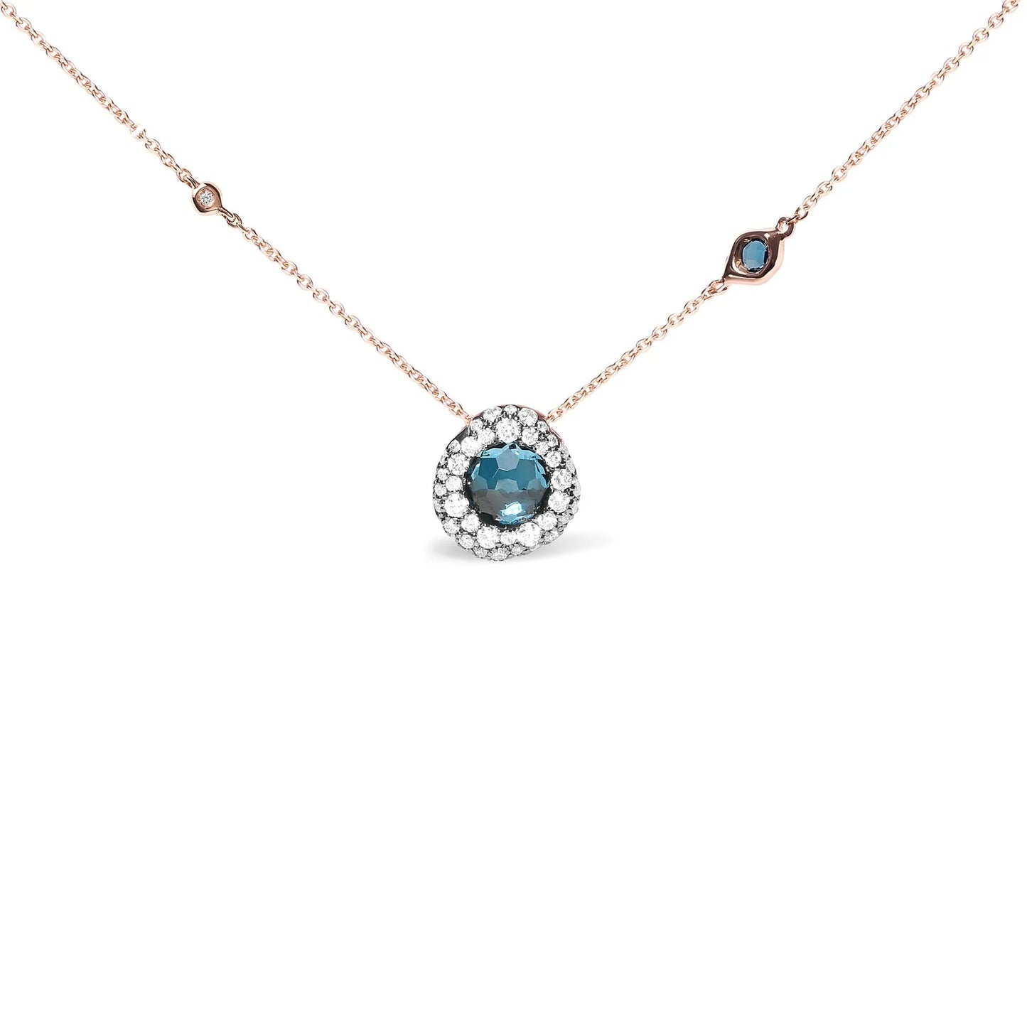 18K Rose Gold 5/8 Cttw Diamond and London Blue Topaz Gemstone Bezel-Set Cluster 18" Station Necklace