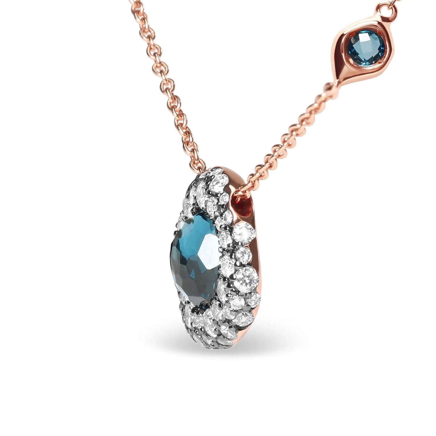 18K Rose Gold 5/8 Cttw Diamond and London Blue Topaz Gemstone Bezel-Set Cluster 18" Station Necklace