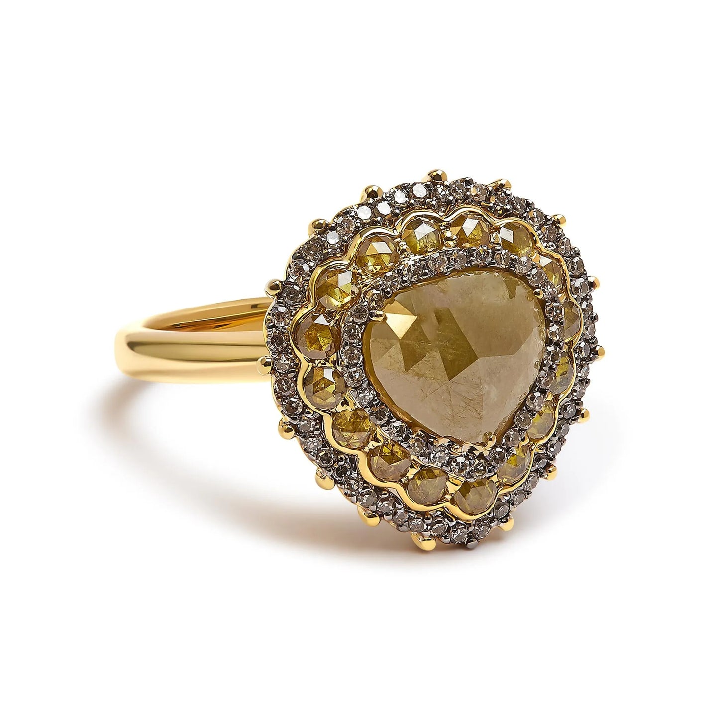 14K Yellow Gold 3.00 Cttw Yellow Rose Cut and White Diamond Halo Cocktail Ring