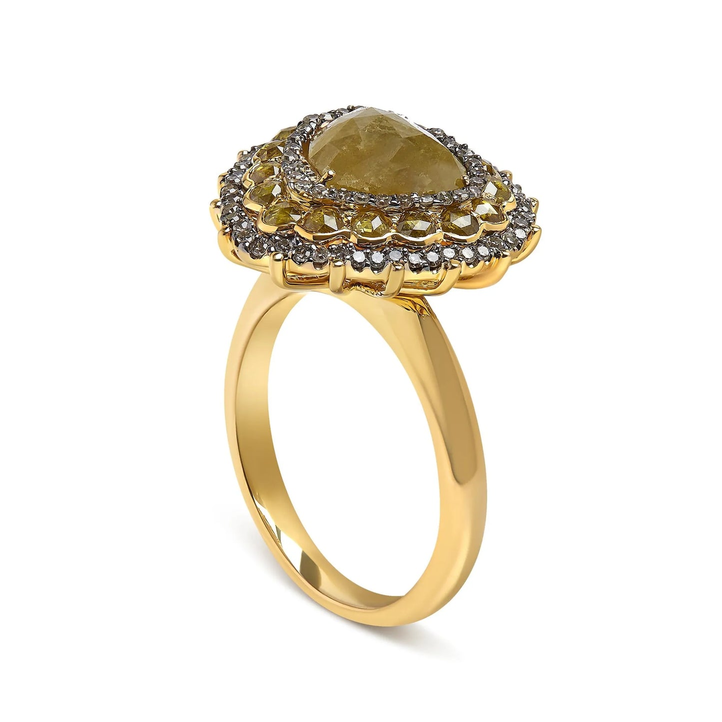 14K Yellow Gold 3.00 Cttw Yellow Rose Cut and White Diamond Halo Cocktail Ring