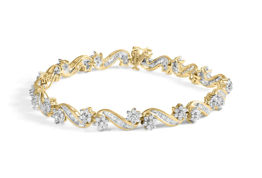 10k Yellow Gold 3.00 Cttw Round-Cut and Baguette-Cut Floral Link 7.25" Bracelet