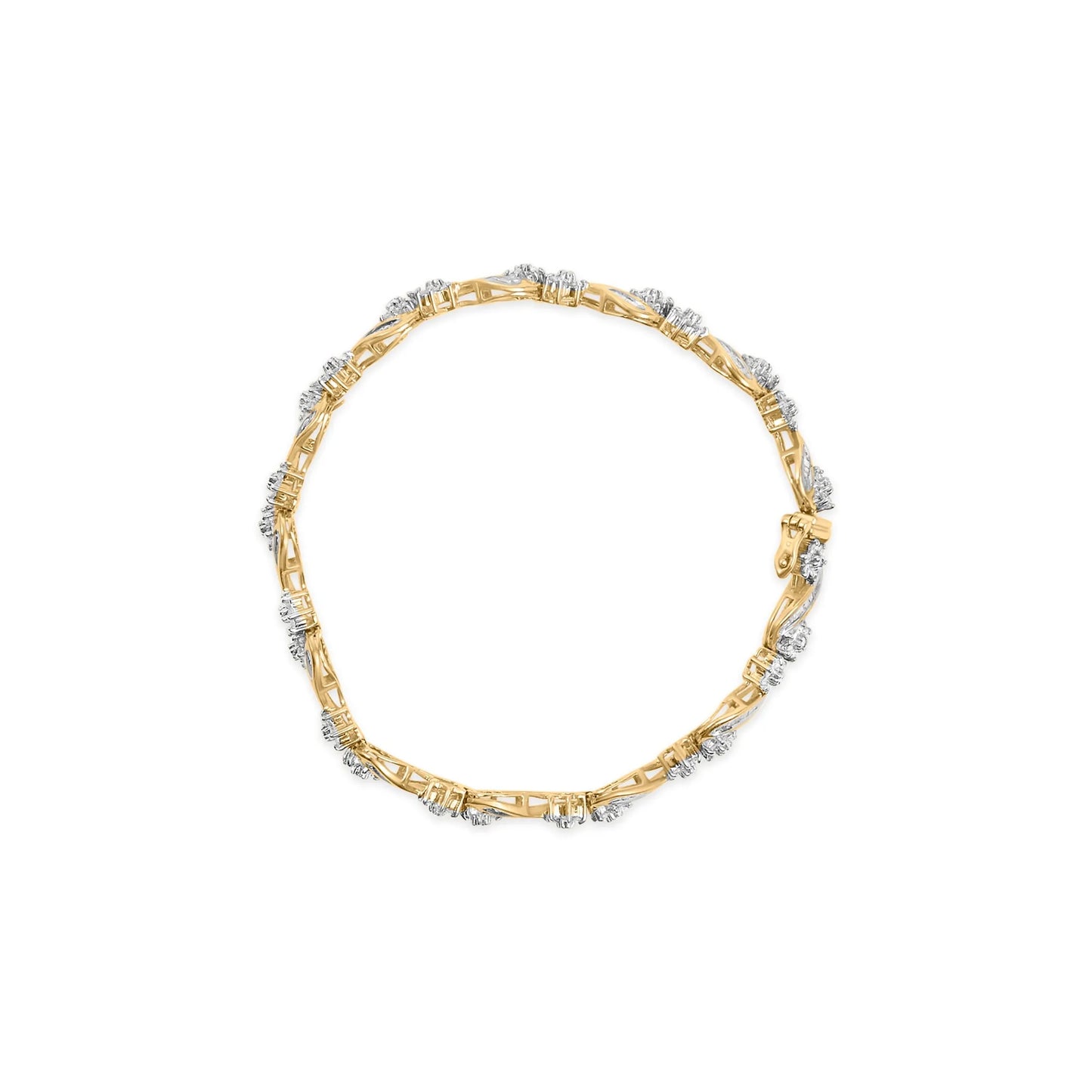 10k Yellow Gold 3.00 Cttw Round-Cut and Baguette-Cut Floral Link 7.25" Bracelet