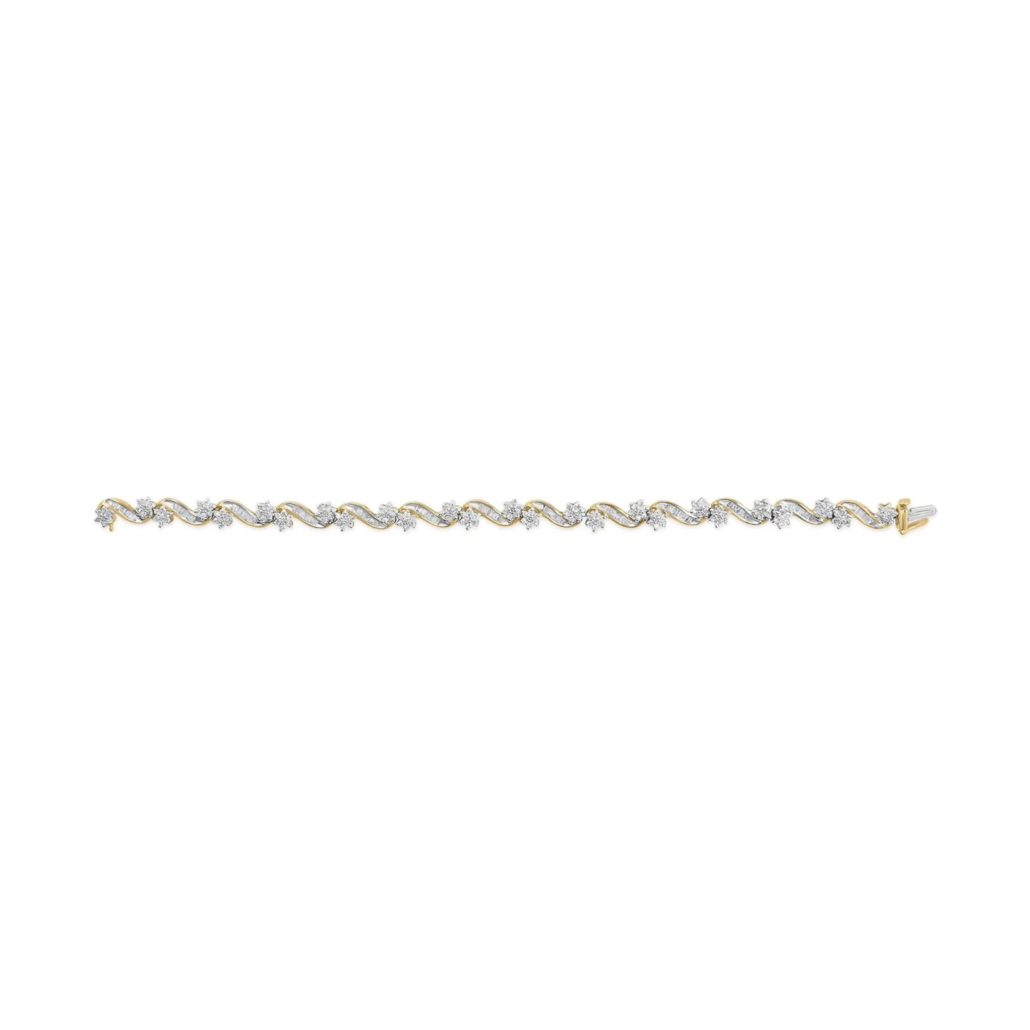 10k Yellow Gold 3.00 Cttw Round-Cut and Baguette-Cut Floral Link 7.25" Bracelet