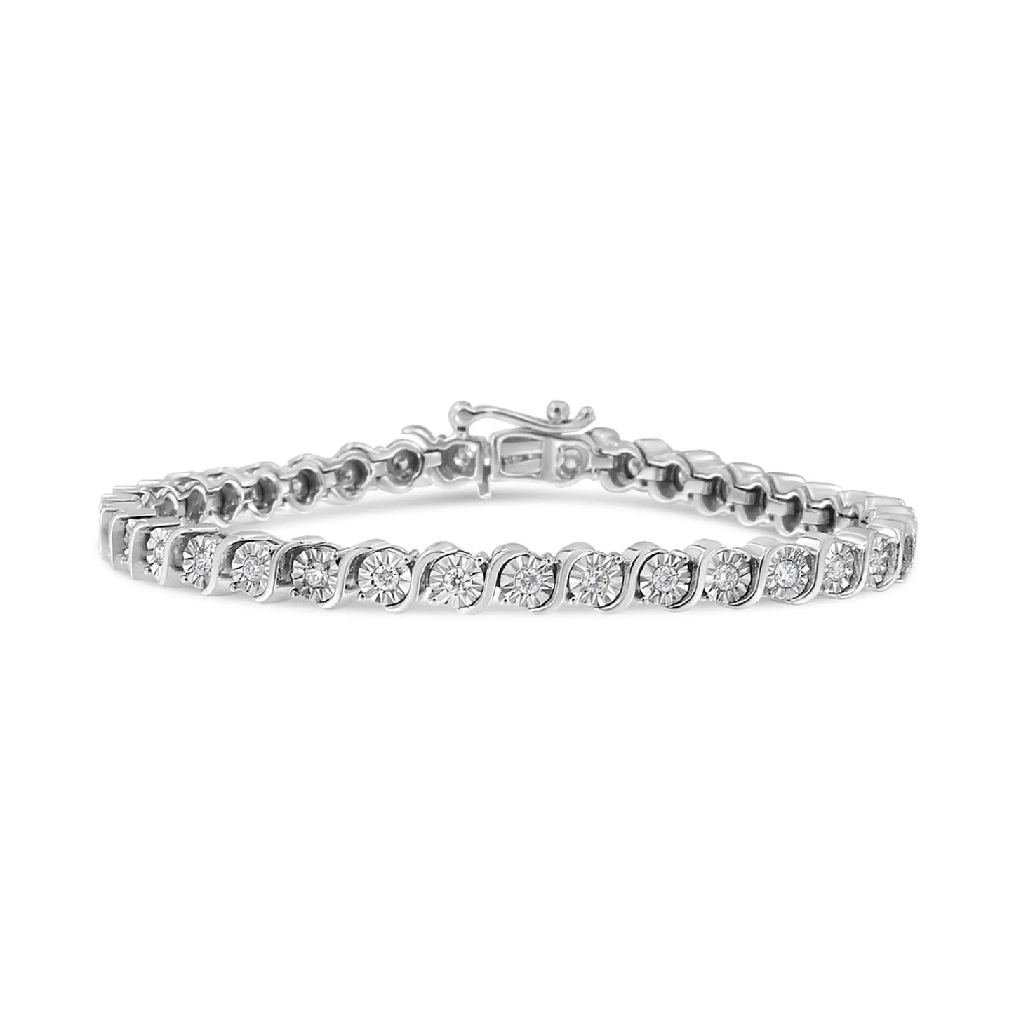 14K White Gold 1.00 Cttw Lab Grown Diamond Round Miracle Plate and "S" Link Tennis Bracelet