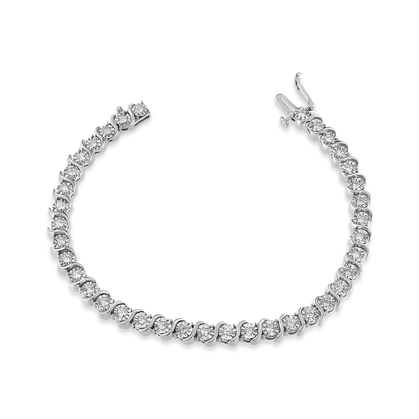 14K White Gold 1.00 Cttw Lab Grown Diamond Round Miracle Plate and "S" Link Tennis Bracelet