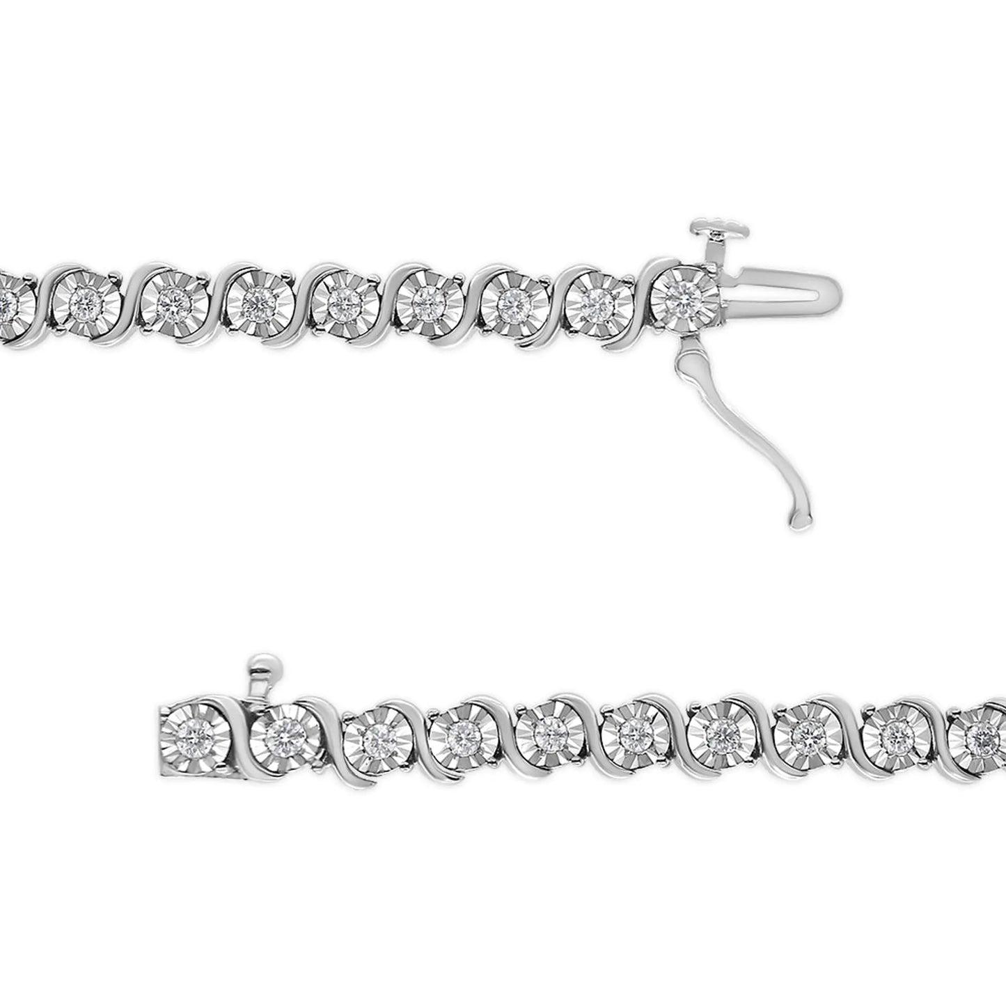 14K White Gold 1.00 Cttw Lab Grown Diamond Round Miracle Plate and "S" Link Tennis Bracelet