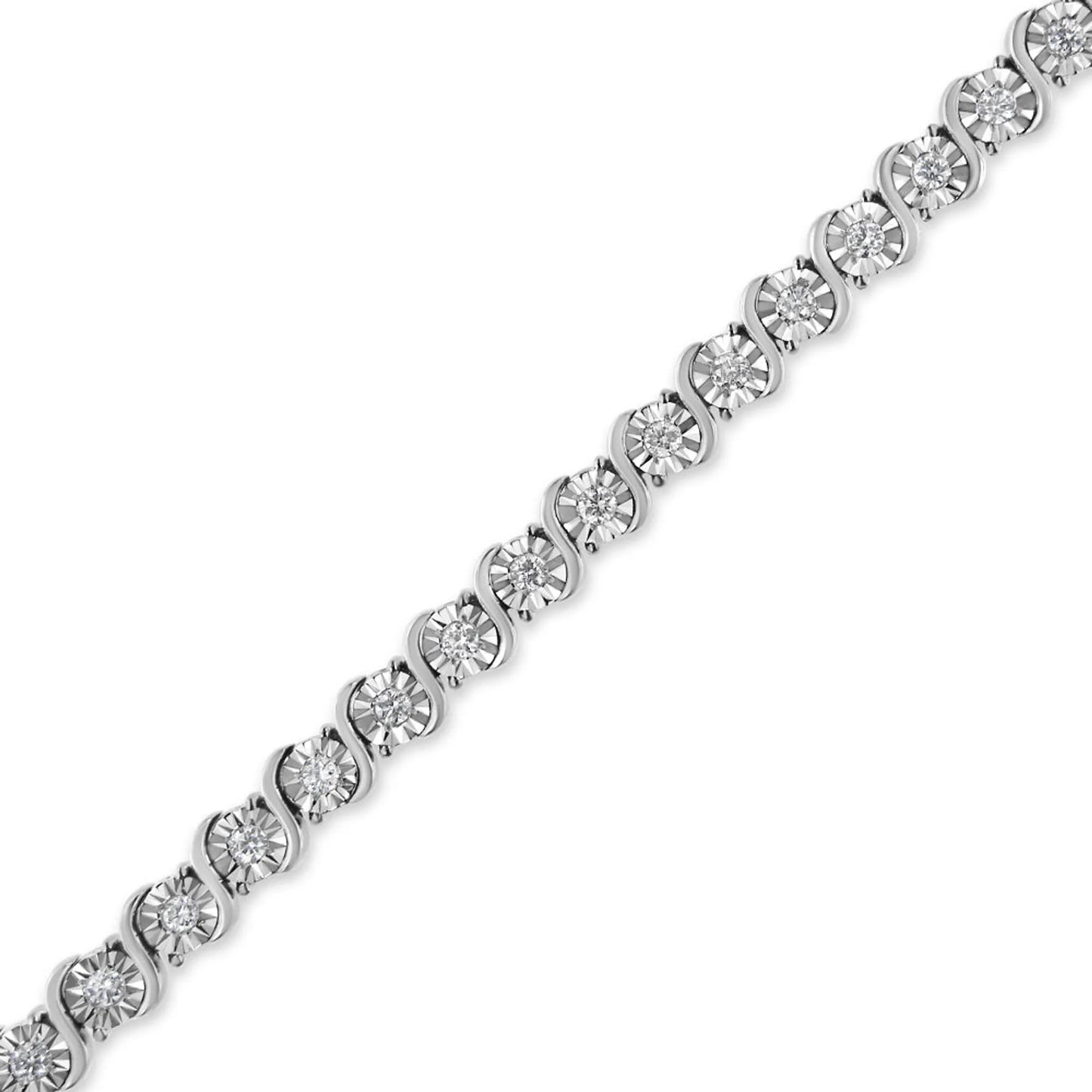 14K White Gold 1.00 Cttw Lab Grown Diamond Round Miracle Plate and "S" Link Tennis Bracelet