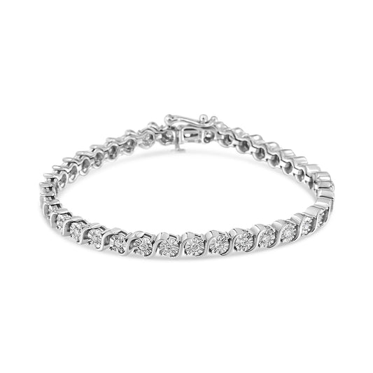 14K White Gold 1.00 Cttw Lab Grown Diamond Round Miracle Plate and "S" Link Tennis Bracelet