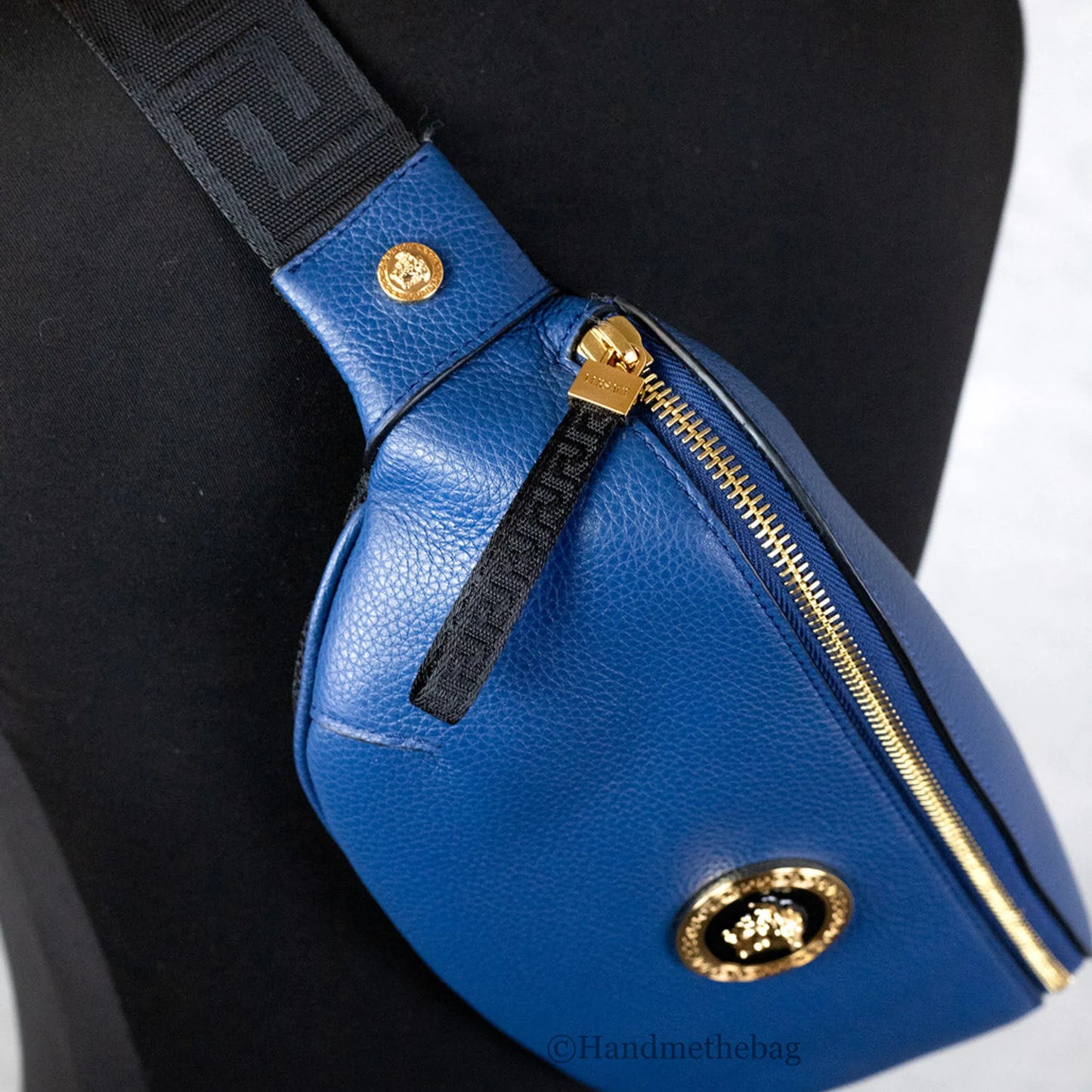 Versace Small Navy Leather Medusa Fanny Pack Belt Bag