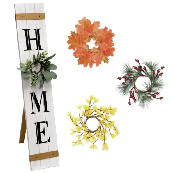 Elegante letrero de madera para porche con la palabra "Home" (hogar) de temporada con 4 coronas florales intercambiables