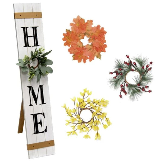 Elegant Seasonal Wooden "Home" Porch Sign with 4 Interchangeable Floral Wreaths