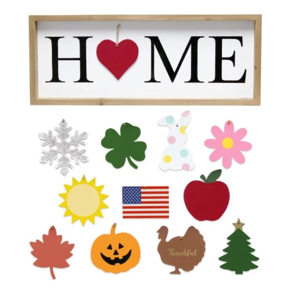 Elegant Designs Rustic Farmhouse Wooden Seasonal Interchangeable Symbol "Home" Frame with 12 Ornaments