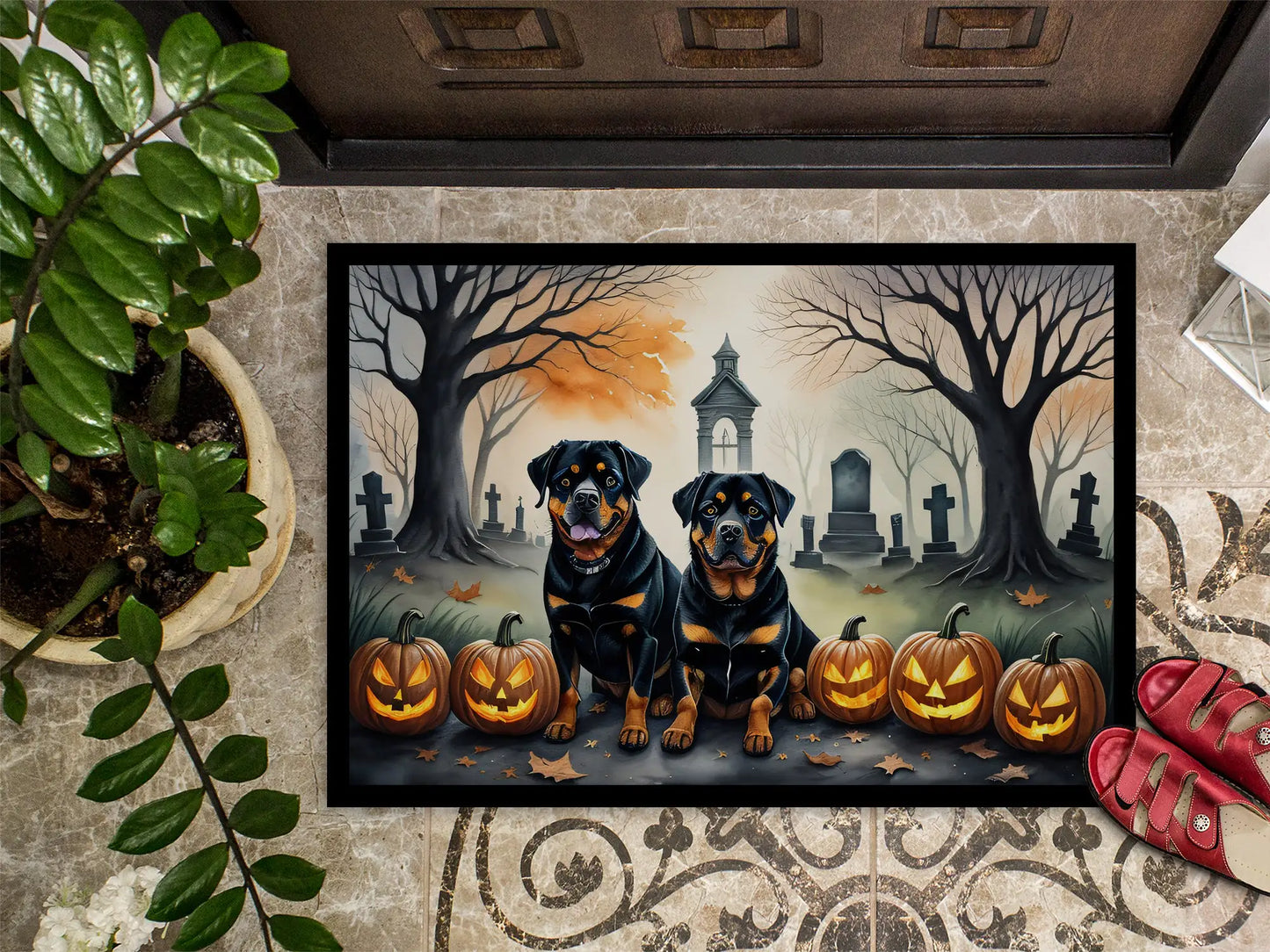 Felpudo espeluznante de rottweiler para Halloween