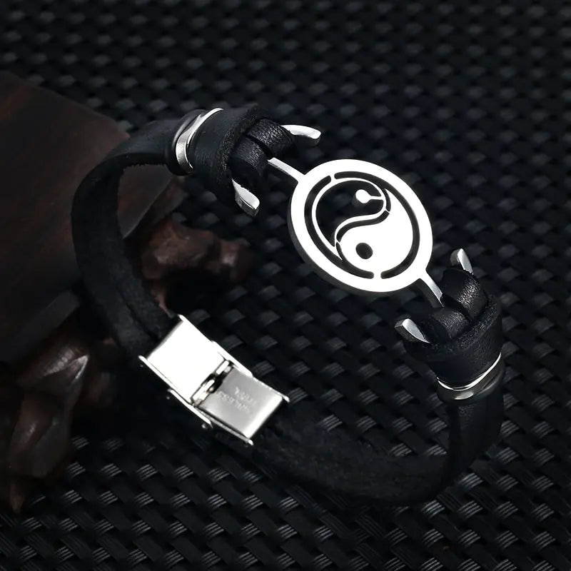 Pulsera de cuero con pez Ying Yang de Tai Chi