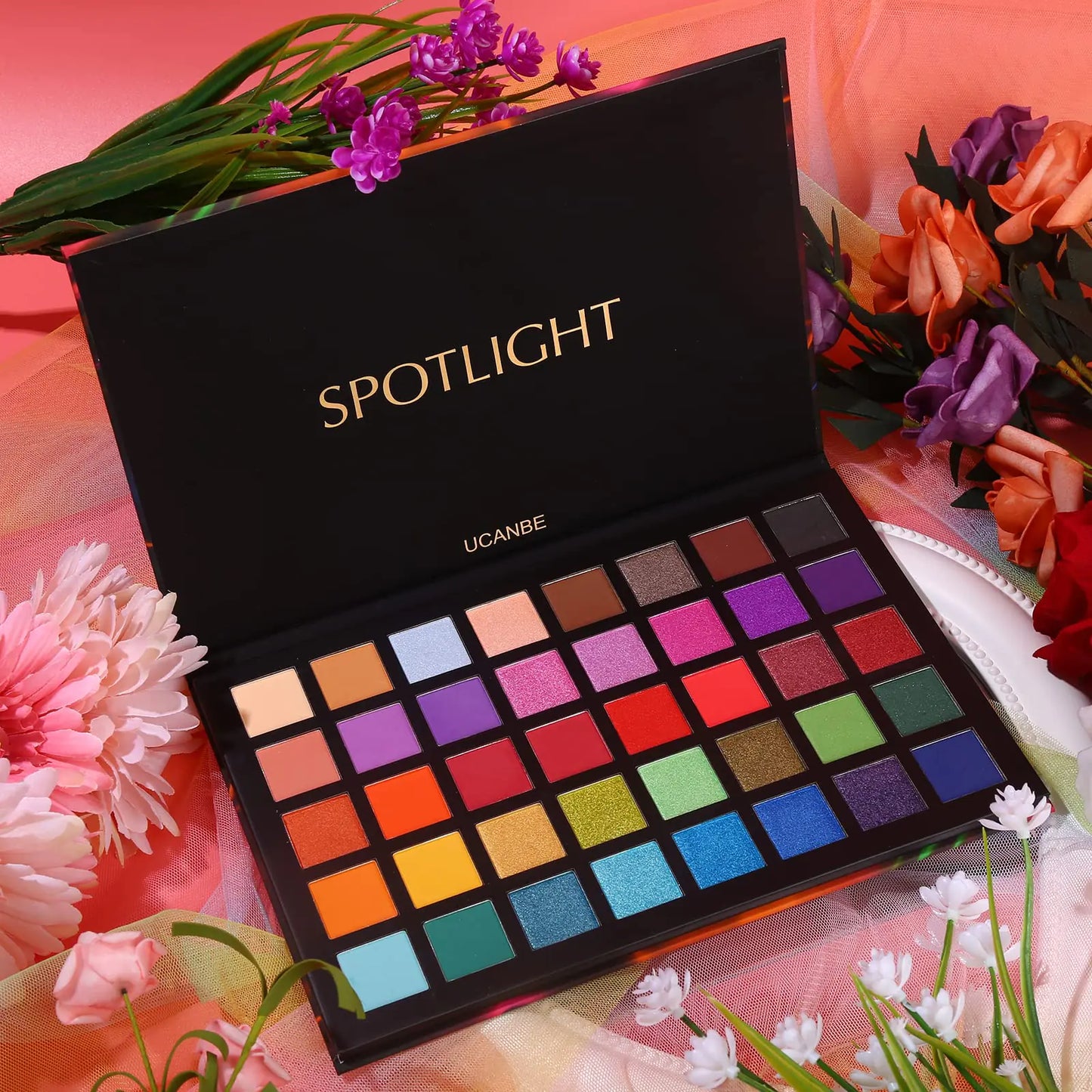 Paleta de sombras de ojos Spotlight de UCANBE, paleta de sombras de ojos profesional de 40 colores, paleta de maquillaje mate brillante, polvos coloridos altamente pigmentados, paleta de sombras de ojos resistente al agua de larga duración A 