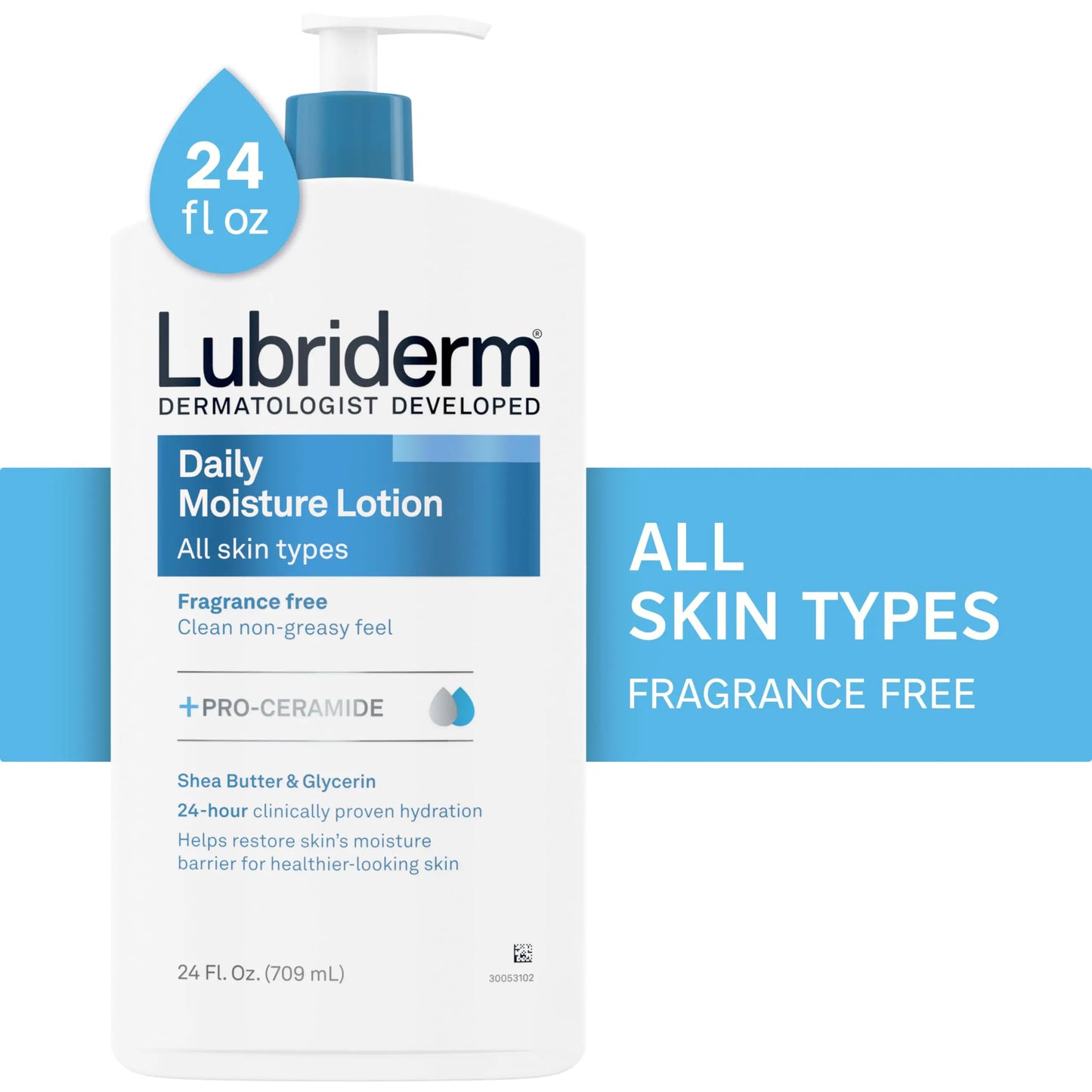 Lubriderm Fragrance Free Daily Moisture Lotion + Pro-Ceramide, Shea Butter & Glycerin, Face, Hand & Body Lotion for Sensitive Skin, Hydrating Lotion for Healthier-Looking Skin, 24 fl. oz