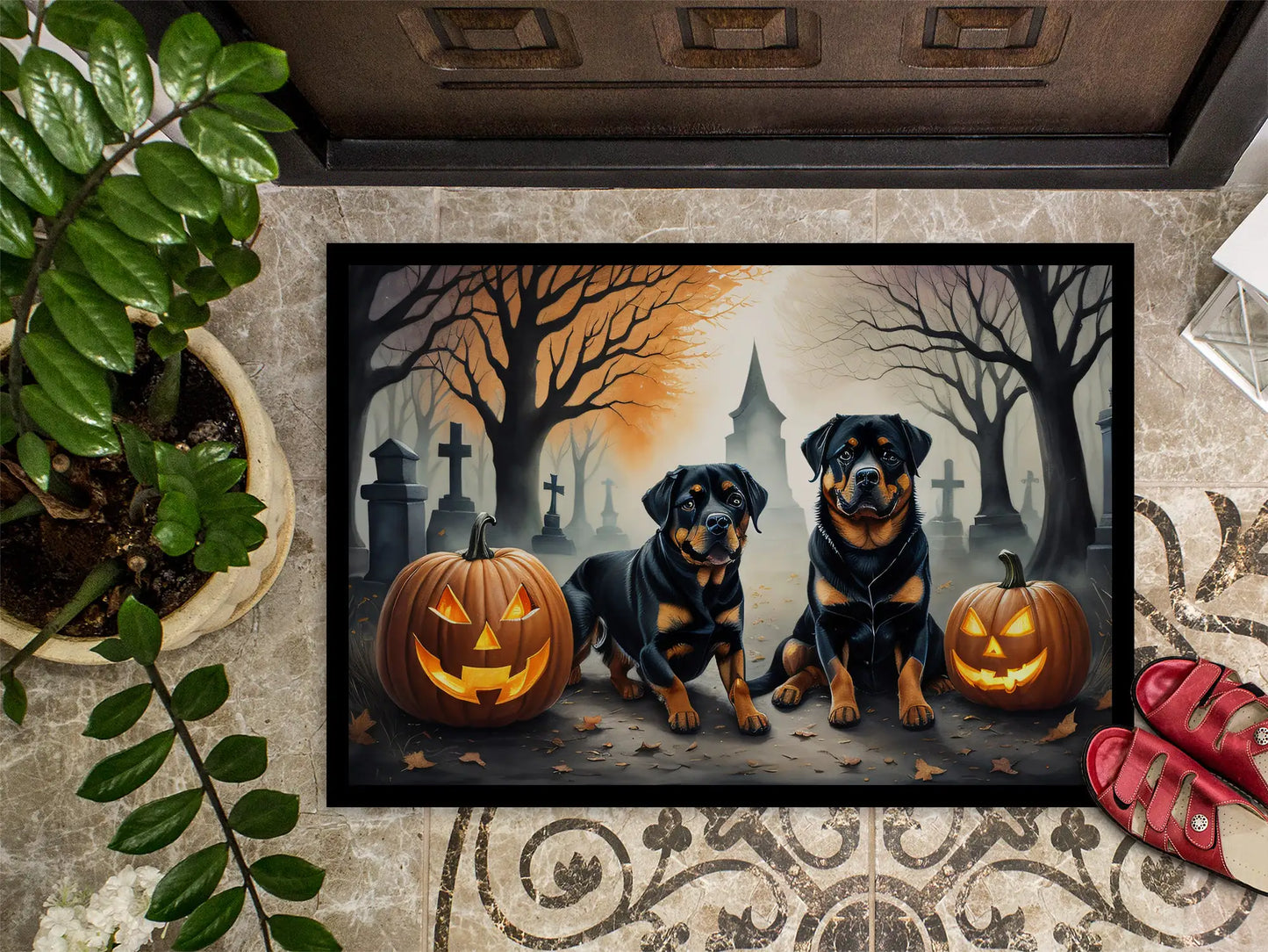 Felpudo espeluznante de rottweiler para Halloween