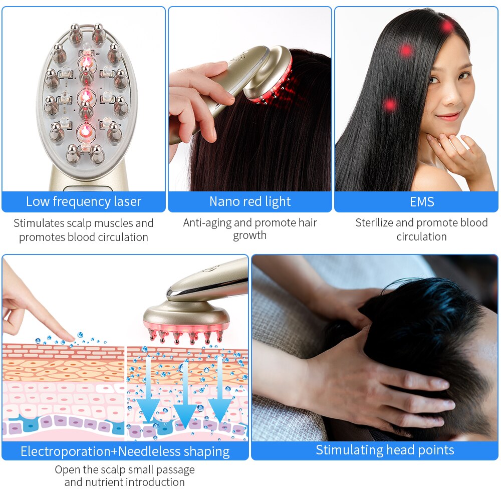 Peine láser eléctrico para el crecimiento del cabello, masajeador por vibración, infrarrojos, EMS, RF, microcorriente, tratamiento para la caída del cabello, regeneración del cabello