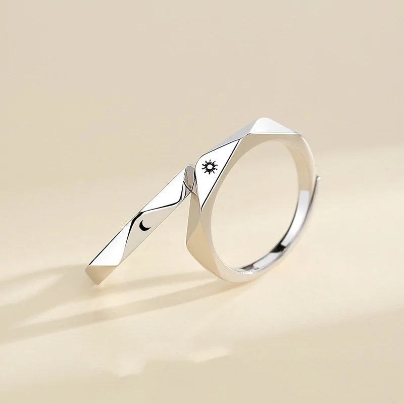 Anillo ajustable minimalista de plata con sol y luna: joyería de compromiso para parejas