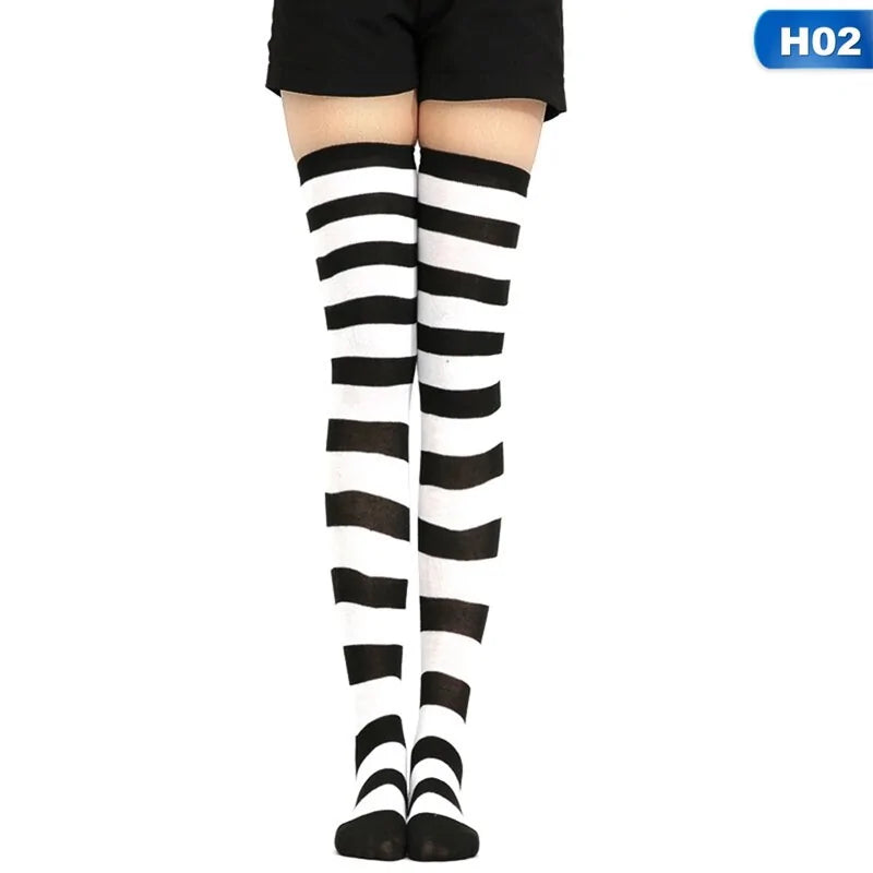 Calcetines altos hasta el muslo con rayas estilo lolita kawaii