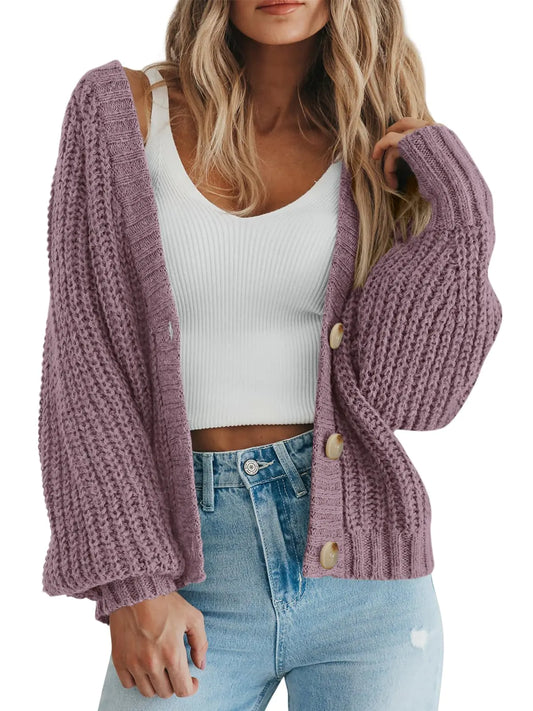 PRETTYGARDEN Women's Chunky Knit Open Front Sweater Long Sleeve Button Loose Short Cardigan Outerwear Coats Medium Orchid Mist