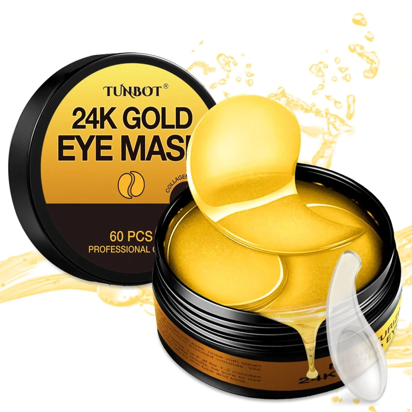 Parches para debajo de los ojos Tunbot - 60 piezas - Mascarilla para ojos de oro de 24 k - Antienvejecimiento - Contiene colágeno y ácido hialurónico - Elimina ojeras, hinchazón y arrugas, hidrata - Belleza casera Manzanilla 