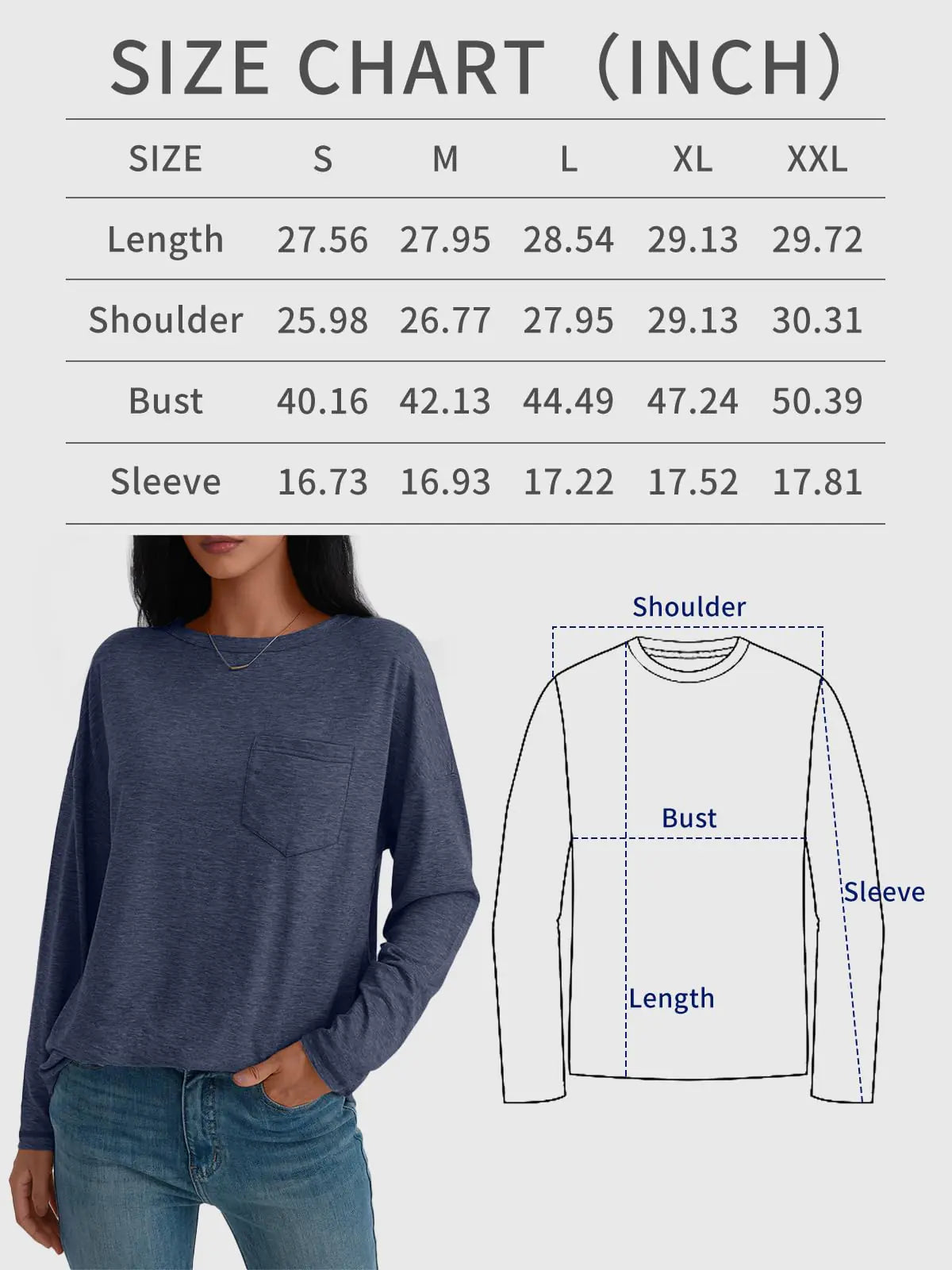 AUTOMET Camisetas de manga larga para mujer, camisetas informales básicas de cuello redondo de gran tamaño, ropa holgada, moda de otoño 2024, conjuntos azul oscuro pequeño 