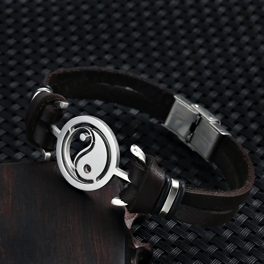 Pulsera de cuero con pez Ying Yang de Tai Chi