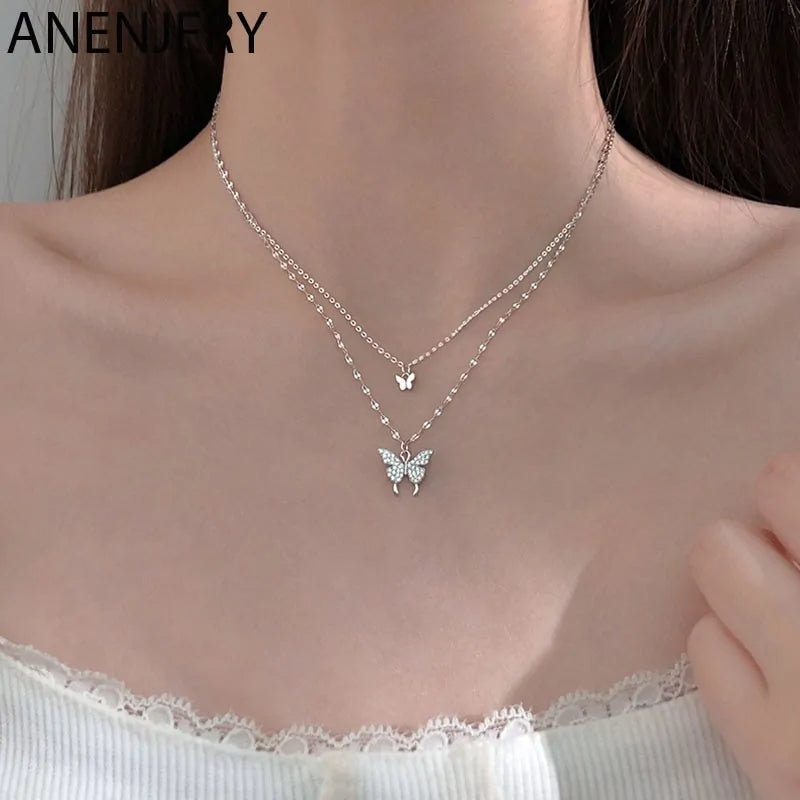 Collar de mariposa con circonitas cúbicas en plata de ley 925 de ANENJERY: joyería delicada de doble capa