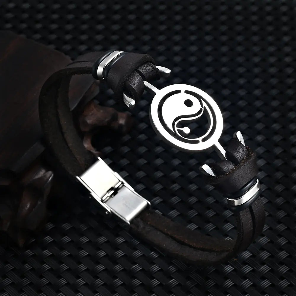 Pulsera de cuero con pez Ying Yang de Tai Chi